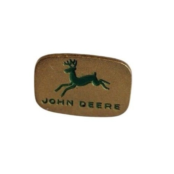 Vintage John Deere Gold Tone Metal Green Enamel Logo Lapel Pin Signed BALLOU - Picture 1 of 7